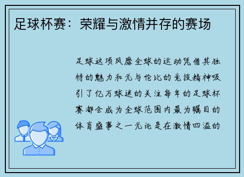 足球杯赛：荣耀与激情并存的赛场