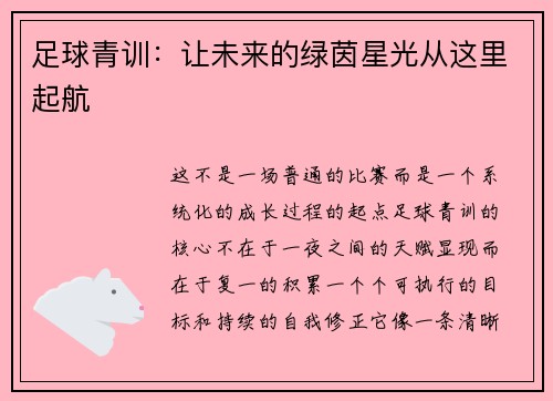 足球青训：让未来的绿茵星光从这里起航