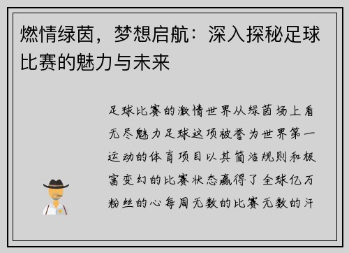 燃情绿茵，梦想启航：深入探秘足球比赛的魅力与未来